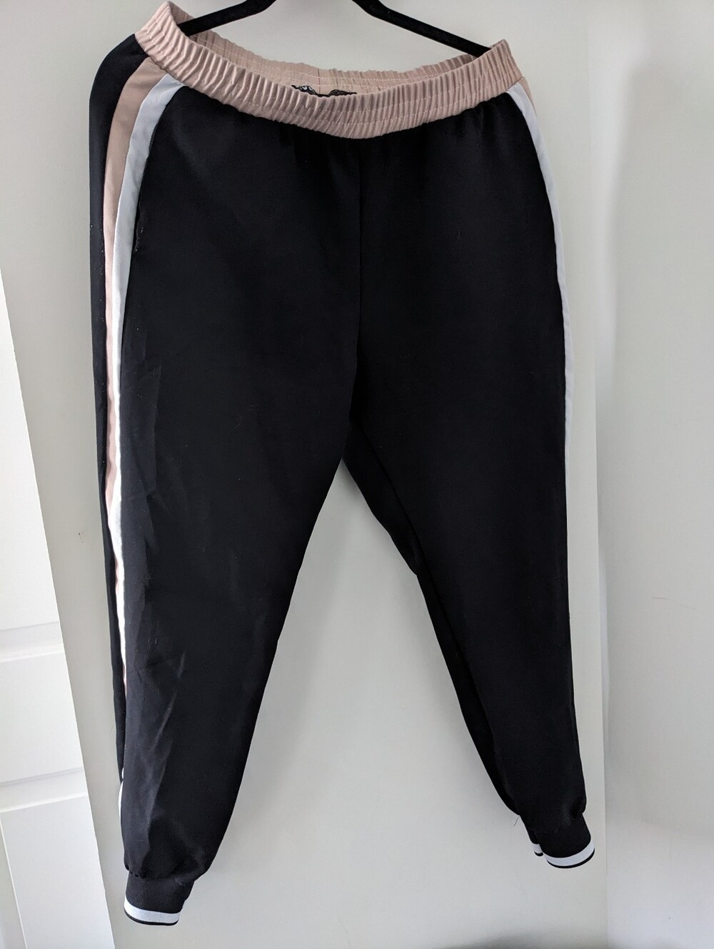 Zara Women's Black Track Pants with Pink Cream And White Trim - Size US L